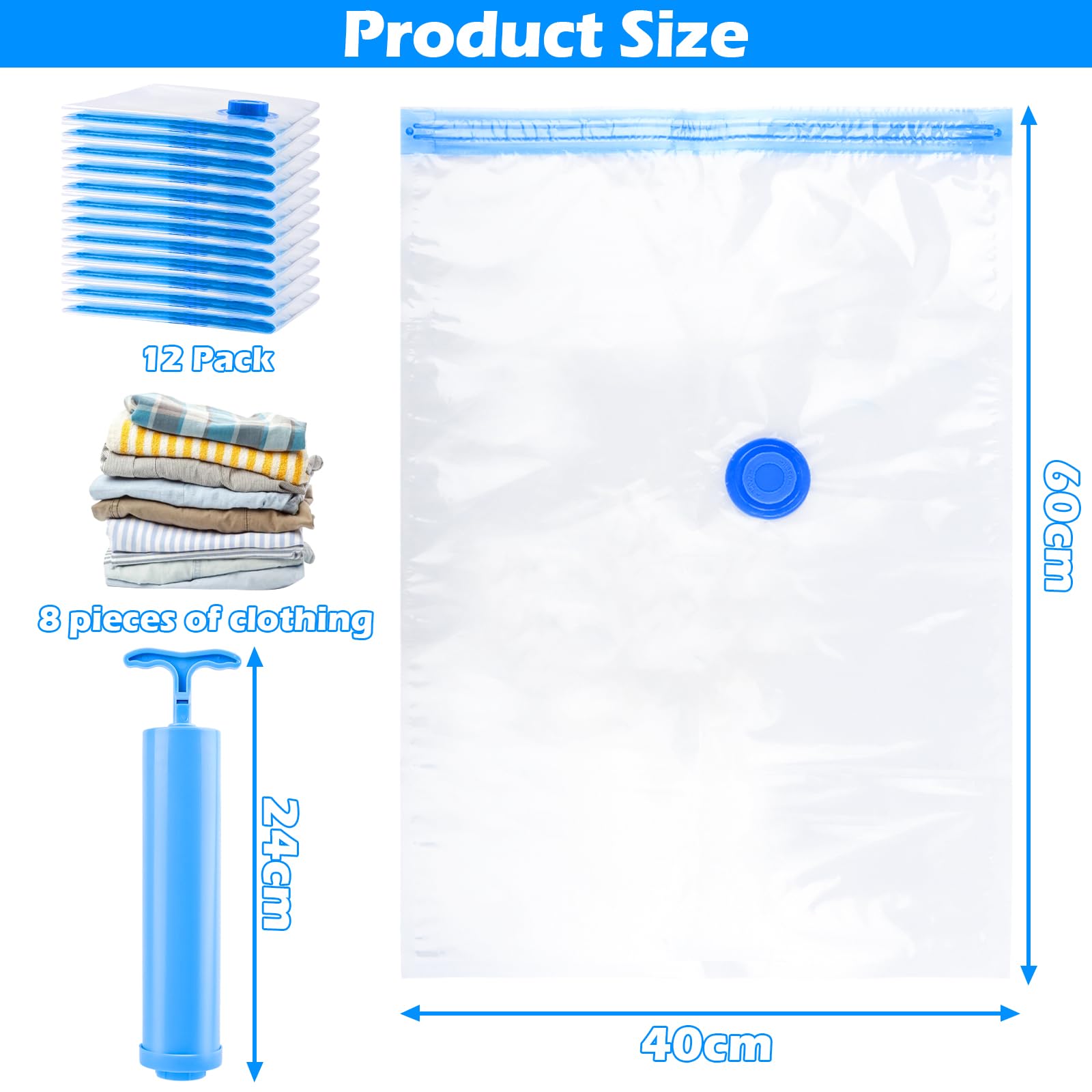 12 Sacs Sous Vide RISVOWO 60x40cm - Compression Vêtements Avec Pompe Manuelle