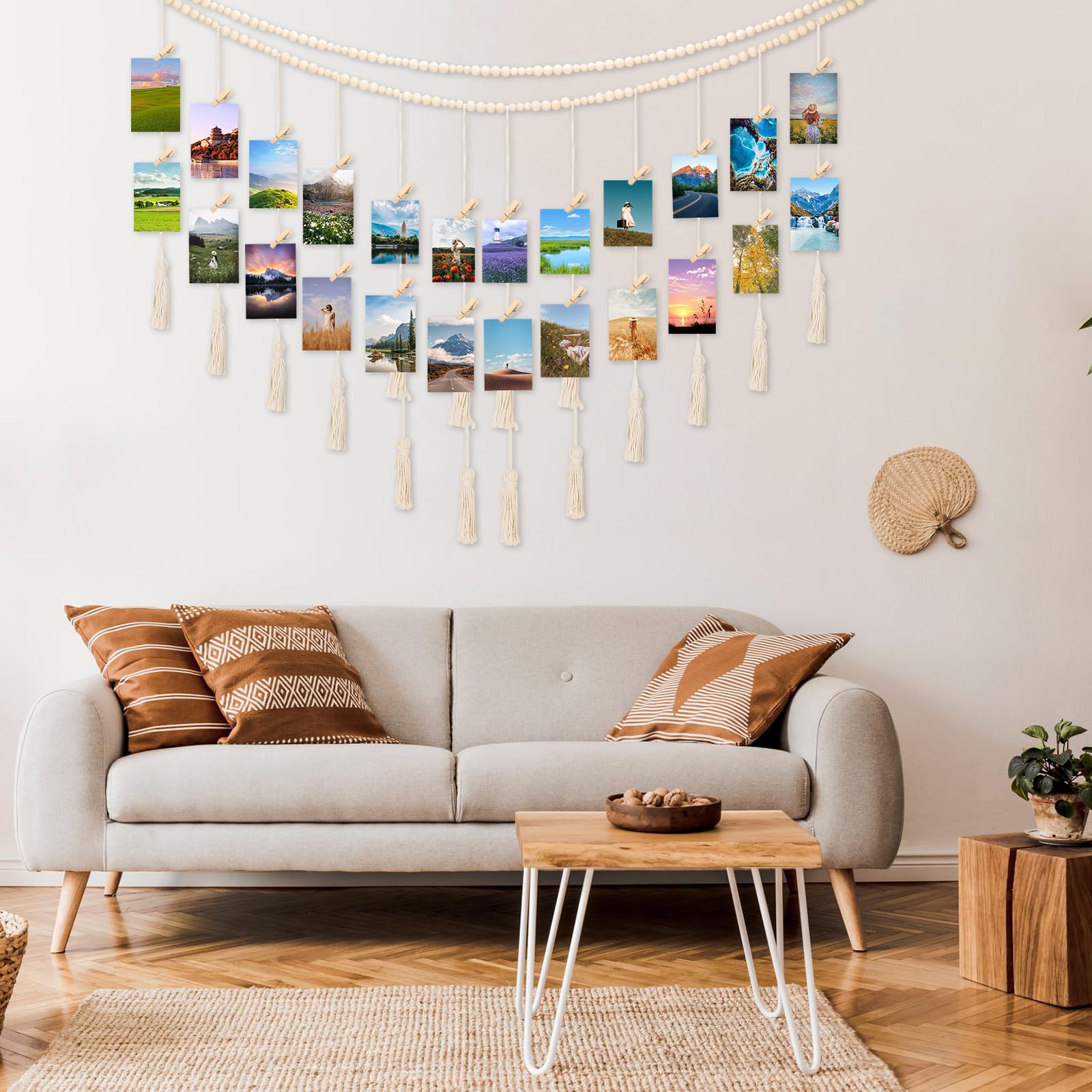 2,1 M Foto-Display Mit Holzperlen & Clips - Boho-Girlande Für Wanddekoration, Geburtstag, Schlafzimmer