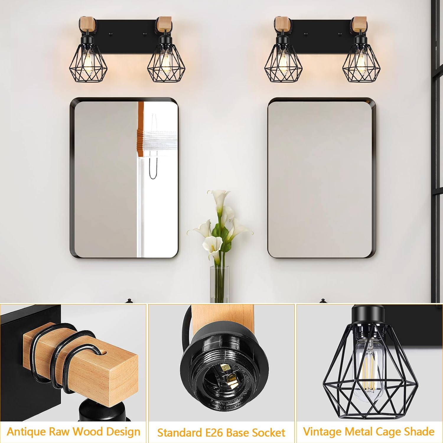 FadimiKoo 2-Light Rustic Style Wood Bathroom Wall Sconce, Farmhouse Vanity Lighting Fixture fopr Bathroom, Industrial Wood Wall Light Over Mirror with Metal Shade, Bulbs Not Included