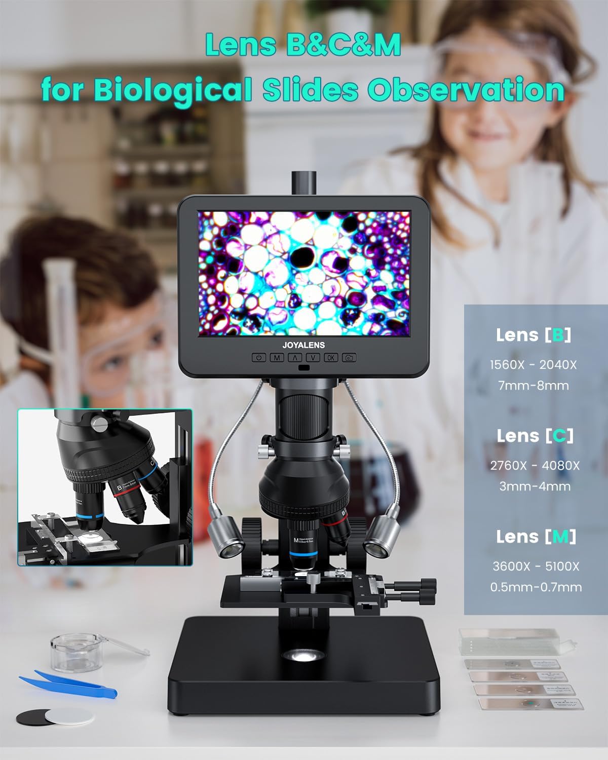 JL266S 5 Lens HDMI Digital Microscope 5000X, 24MP Biological Microscope for Adults Kids Home Lab, Coin Microscopes Full View with 7'' Screen, Windows PC Compatible, 32GB Card
