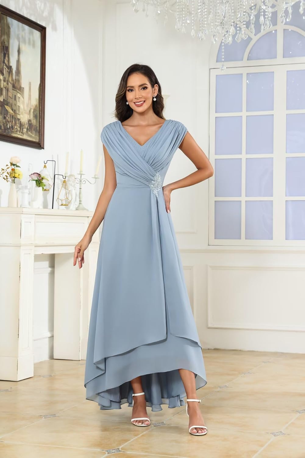Lace Appliques Mother of The Bride Dresses for Wedding Cap Sleeves V Neck Ruffles Formal Wedding Guest Dress