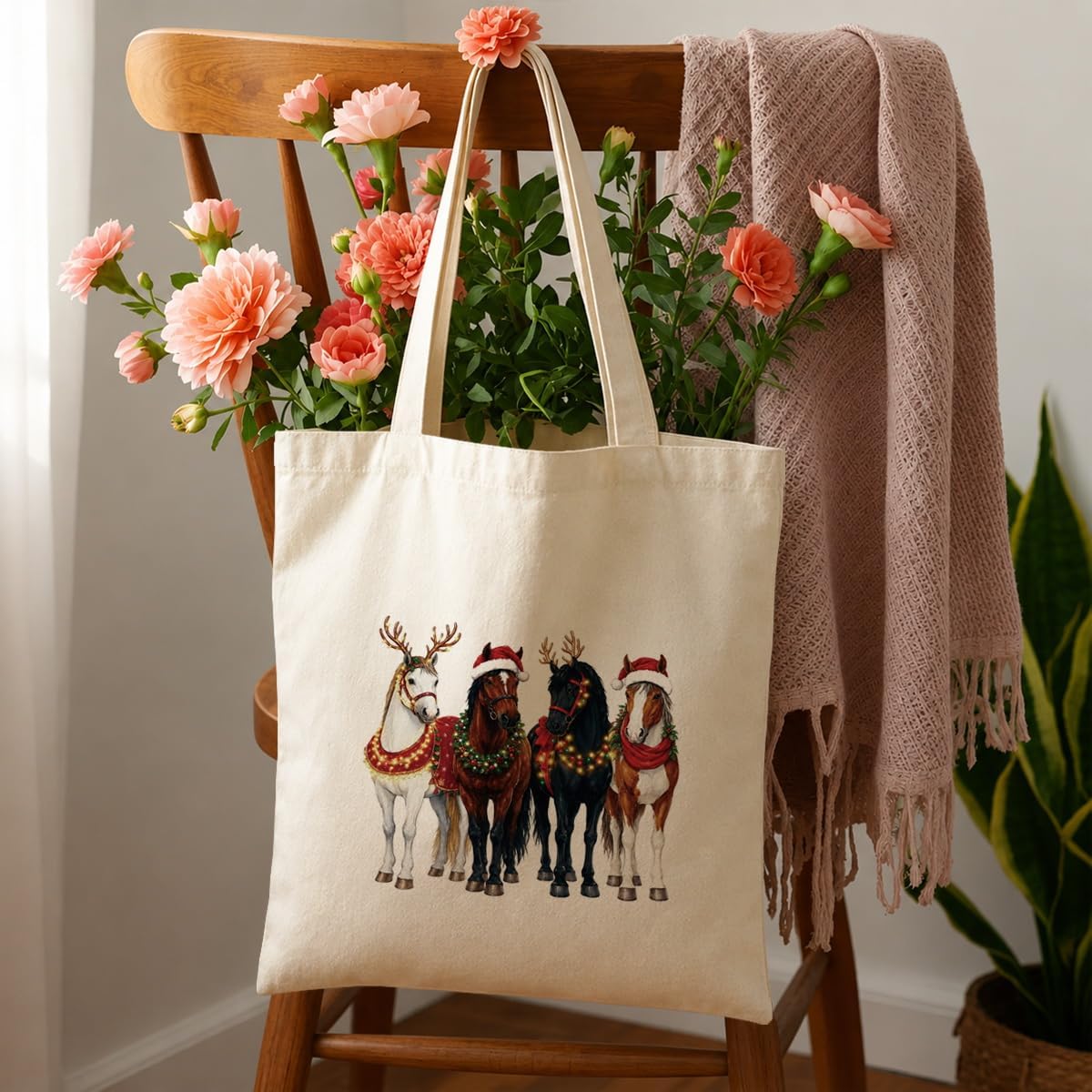 Christmas Horse Tote Bag, Festive Canvas Bag, Gift for Horse Lovers image 5