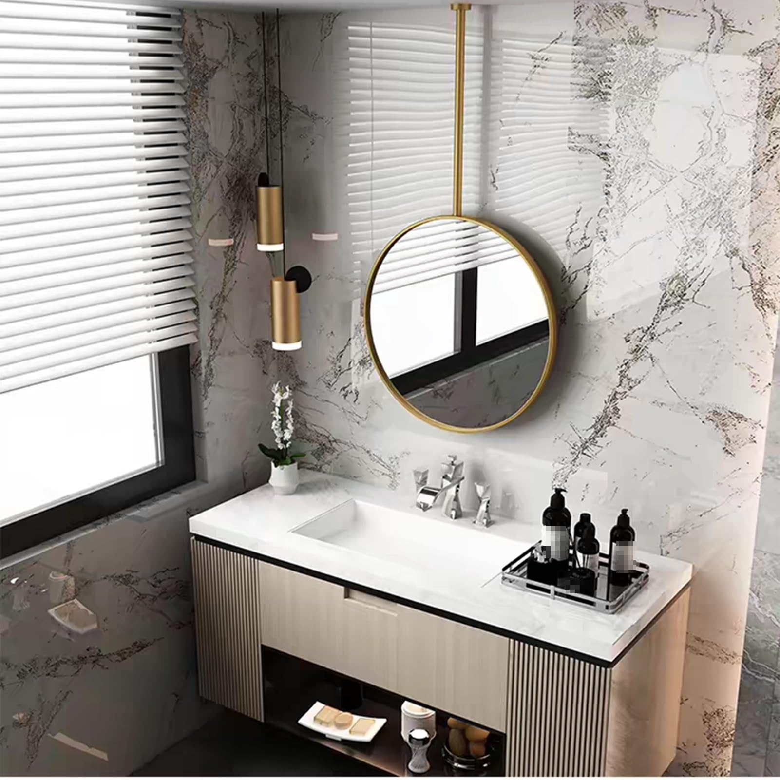 Miroir suspendu au plafond en métal doré, l'élégance ronde pour votre salon