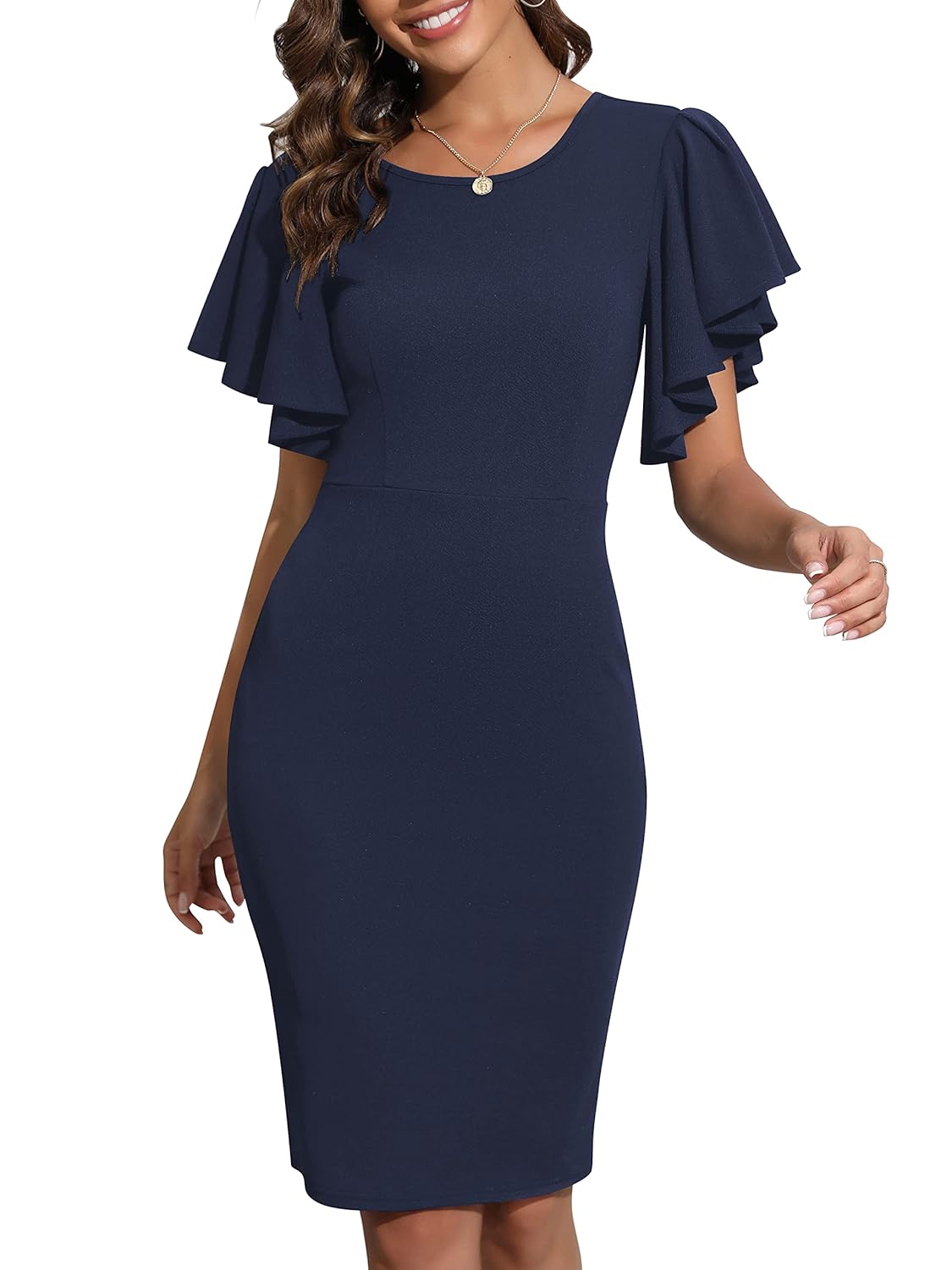 YATHON Womens Bodycon Flutter Sleeve Summer Dress Vintage Round Neck V-Back Sheath Slim Fit Cocktail Party Dresses