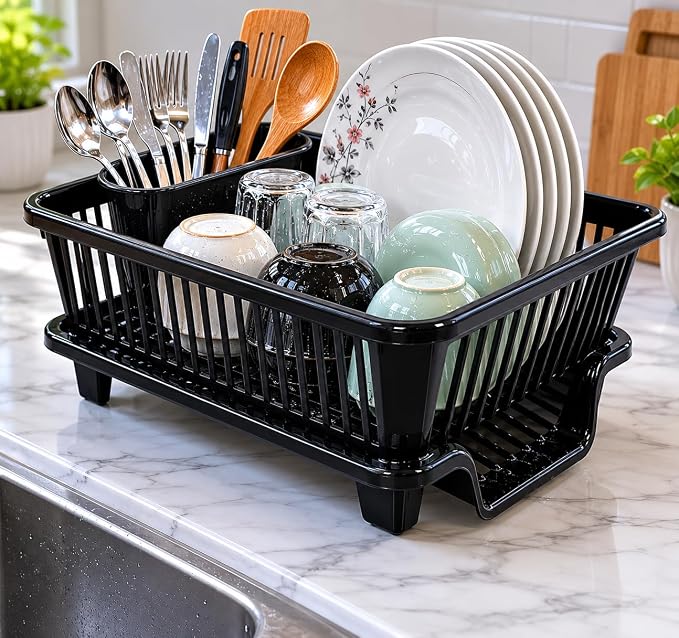 Dish Rack, 3 in 1 Large Plastic Drainer Drying Rack Washing Basket with Tray, Utensil and Cutlery Organiser