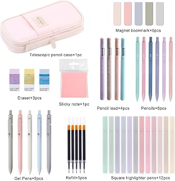 Big Capacity Pen Case, 3 erasers 39 school supplies with pencil case, 12 highlighters, 5 gel pens, 6 pencils, school and office supplies stationery case (Pink)