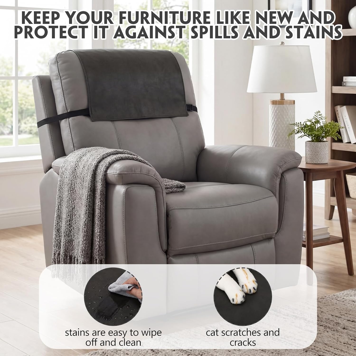 Gilprop 2 Pack Non Slip Recliner Headrest Cover 17 x 27 Inch Gray Waterproof Couch Sofa Headrest Protector Washable Leather Head Rest Cover for Furniture, Living Room, Office Chairs Accessories
