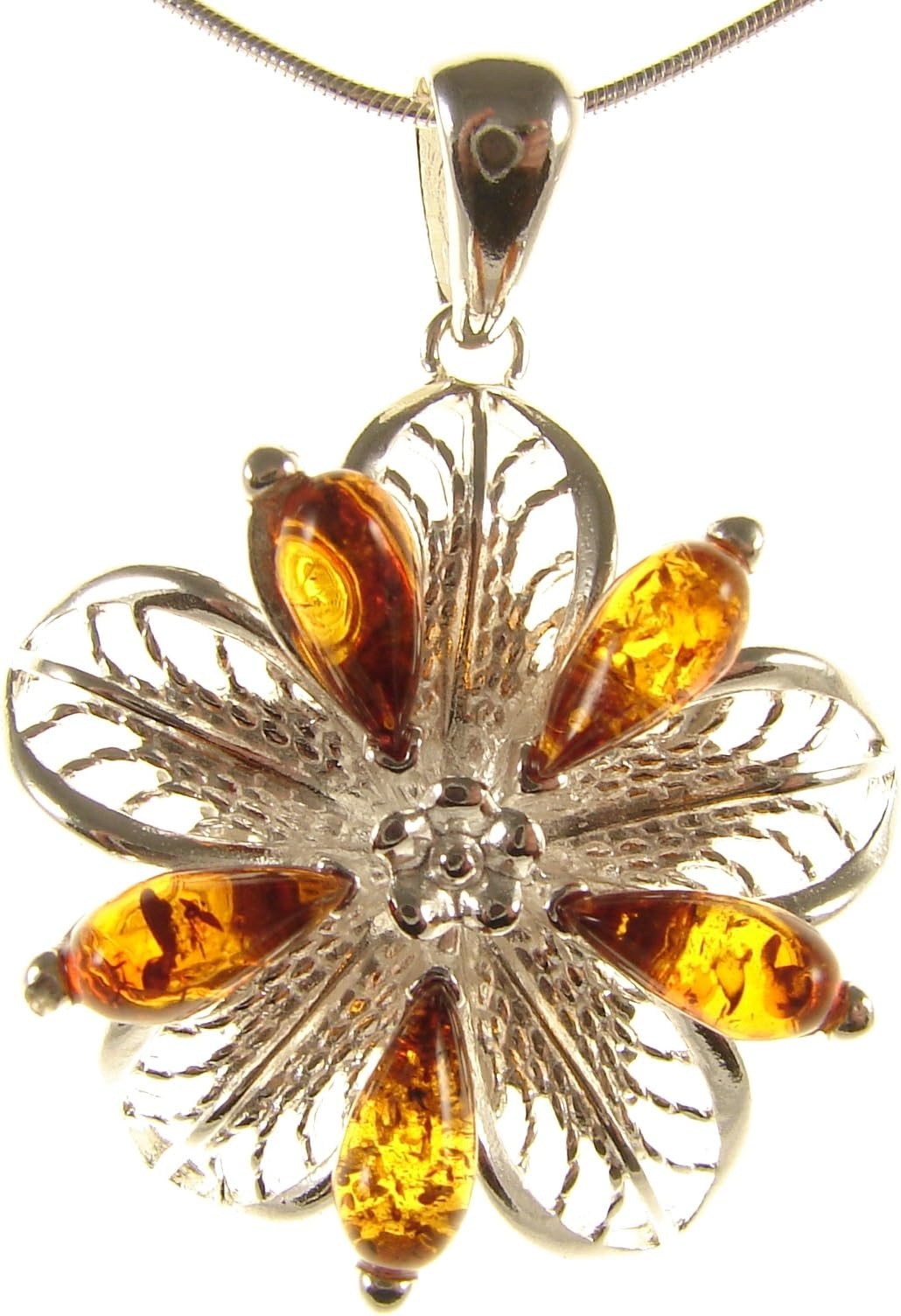 Baltic amber and sterling silver 925 flower pendant necklace with 1mm Italian sterling silver 925 snake chain
