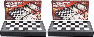5 in 1 Magnetic Chess Checkers Dominoes Backgammon and Cards Set, Mini Travel Size Multi Board Games (Pack of 2)