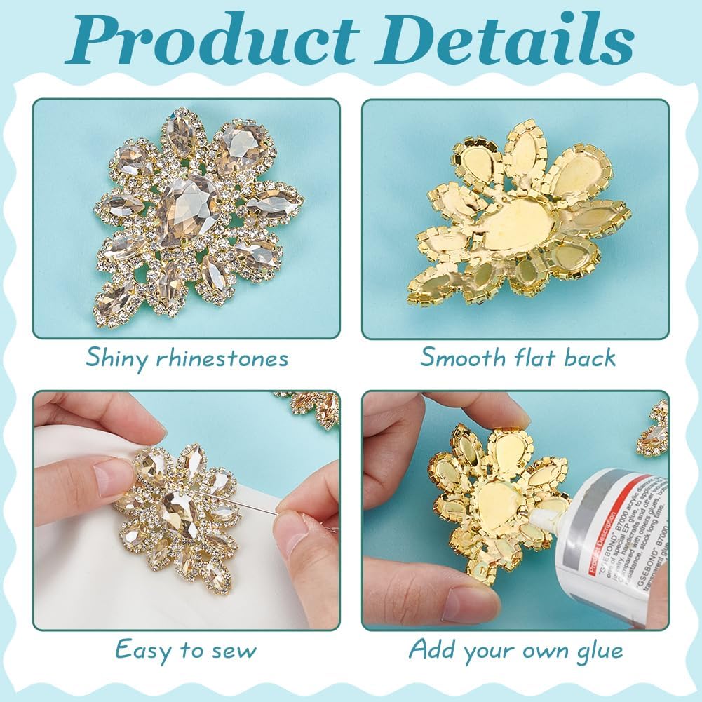 FINGERINSPIRE 6PCS 1.7x2.2inch Teardrop Rhinestone Applique Patches with Topaz Crystal Rhinestones Golden Alloy Patches for DIY Fashion Bridal Accessories Embellishment Applique for Decor