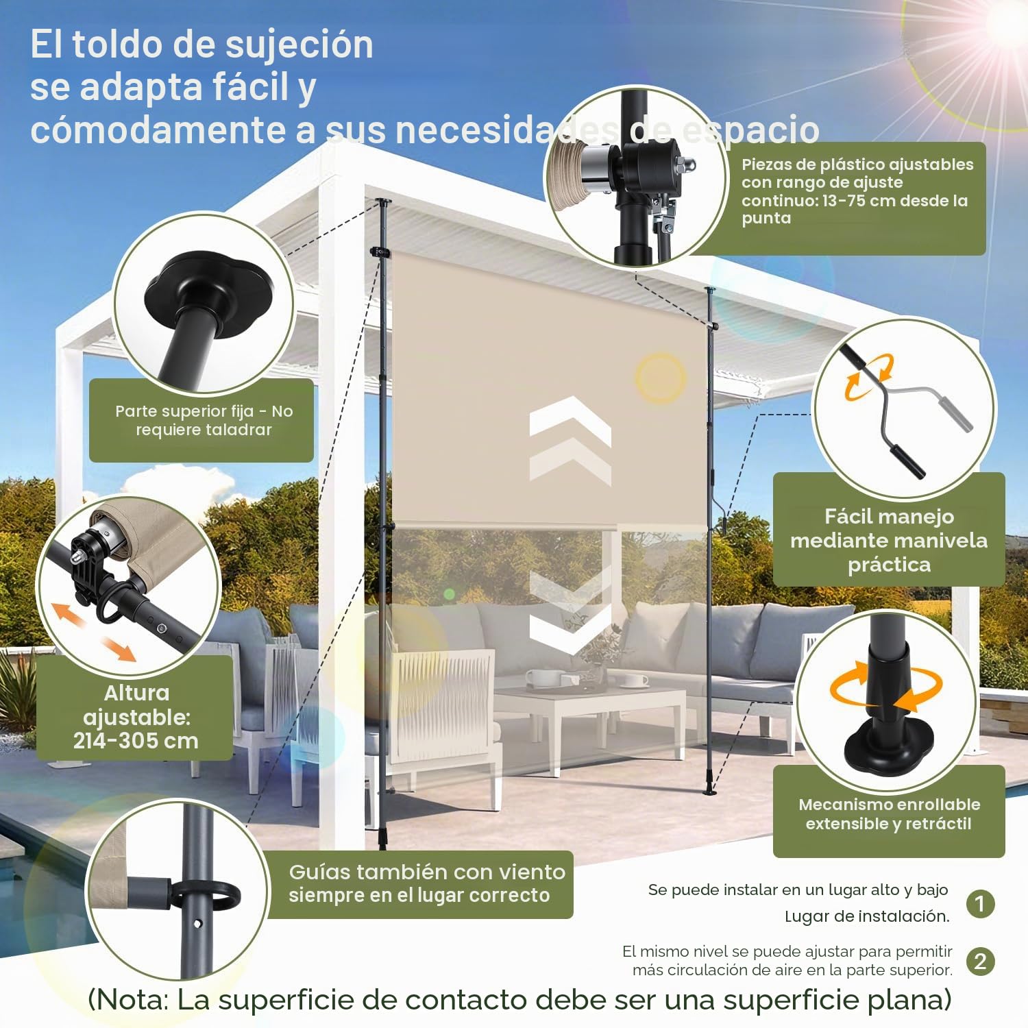 Toldo de abrazadera Toldo vertical exterior de 200 x 305 cm, extensible, toldo vertical con manivela manual sin taladrar, protección visual para balcón y protección contra el viento para