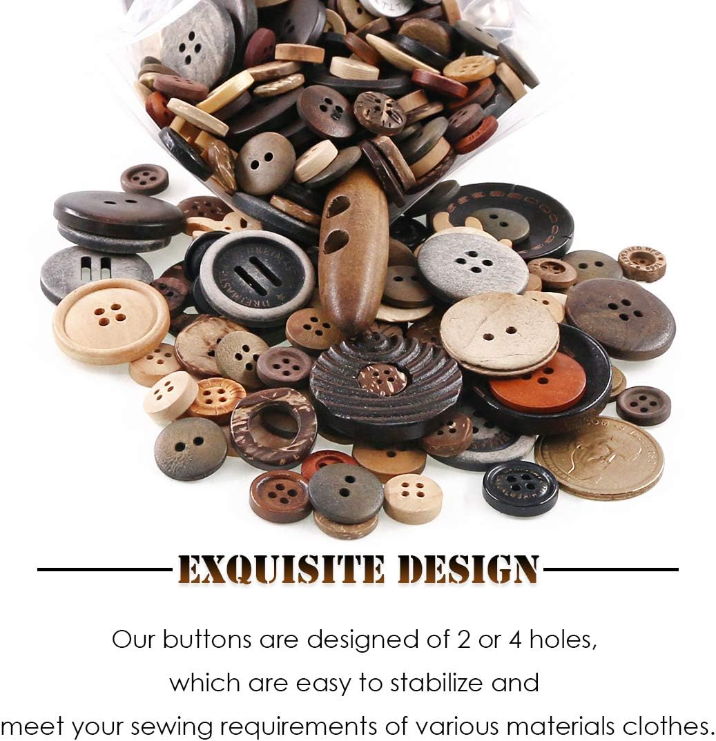 Rustark 1000Pcs Christmas Resin Buttons Favorite Findings Basic Wood Button 2 and 4 Holes Craft Buttons for Sewing Christmas Party Decorations - Sizes Range from 0.28 to 1.18 inch (Coconut Shell)