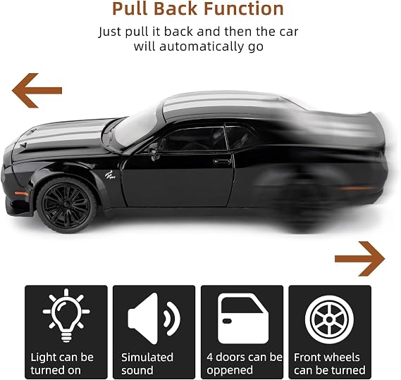 Compatible for Dodge Challenger SRT Hellcat Car Model, 1:22 Die-Cast Toy Car with Sound and Light, Pull Back Model Vehicle Toy for Adult Kids (Black)