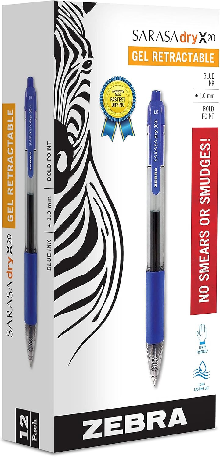 Zebra 46620 Sarasa Retractable Gel Pen, Blue Ink, Bold, Dozen