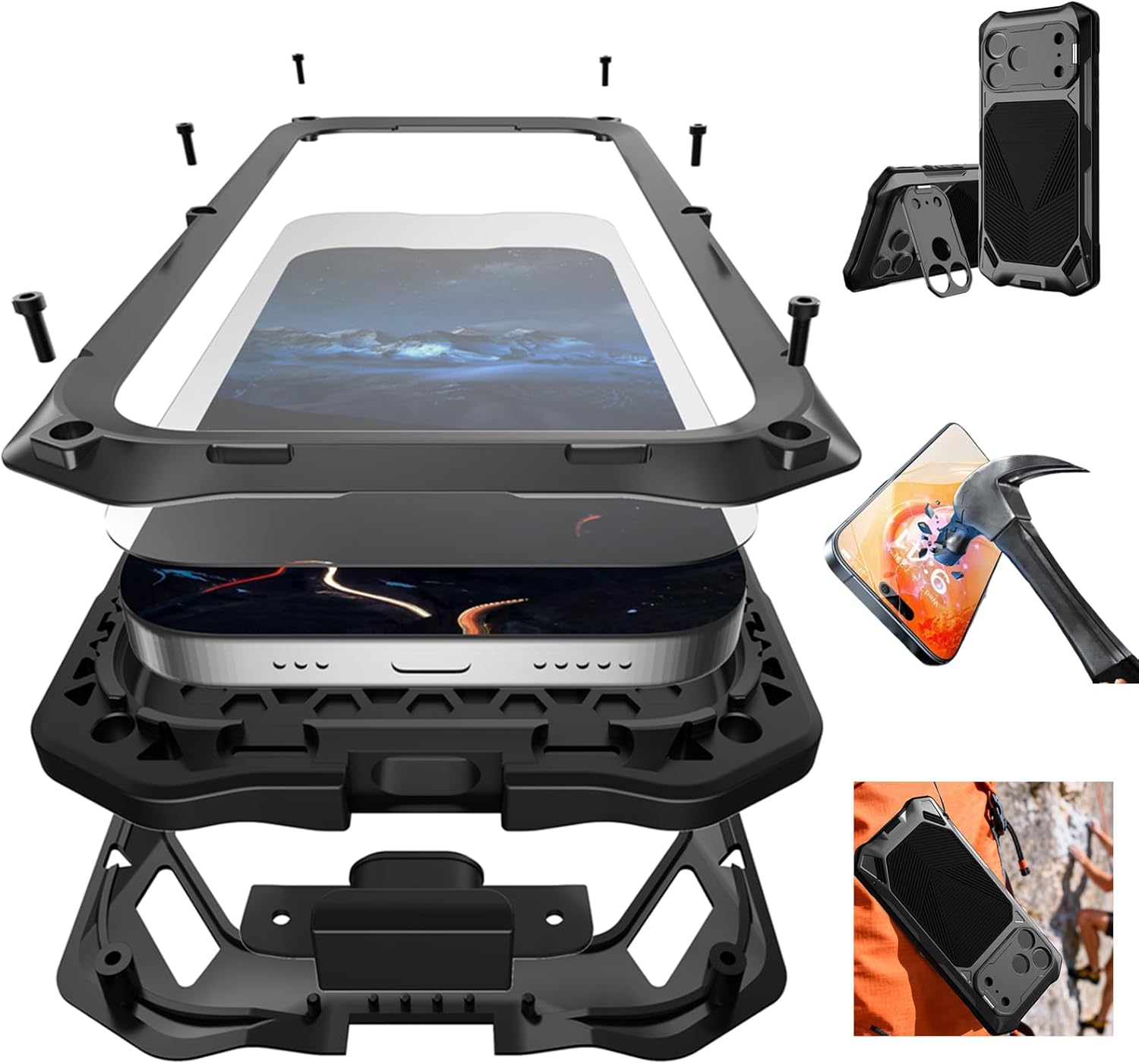 For Google Pixel 10 Pro XL/9 Pro XL Metal Case with Camera Cover Kickstand, Built-in Tempered Glass Screen Protector, Heavy Duty Military Grade Shockproof Full Body Case 2025 (Obsidian Black)