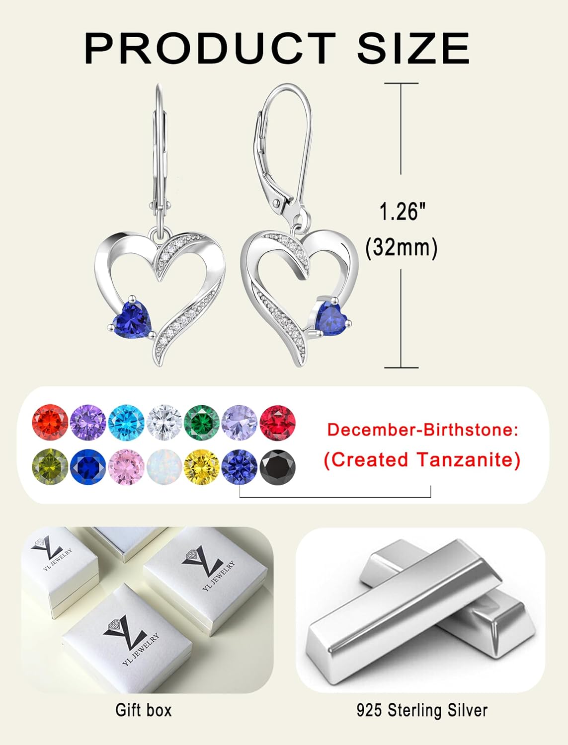 YL Heart Dangle Earrings 925 Sterling Silver Drop Earrings Birthstone Leverback Jewelry for Women - Image 6