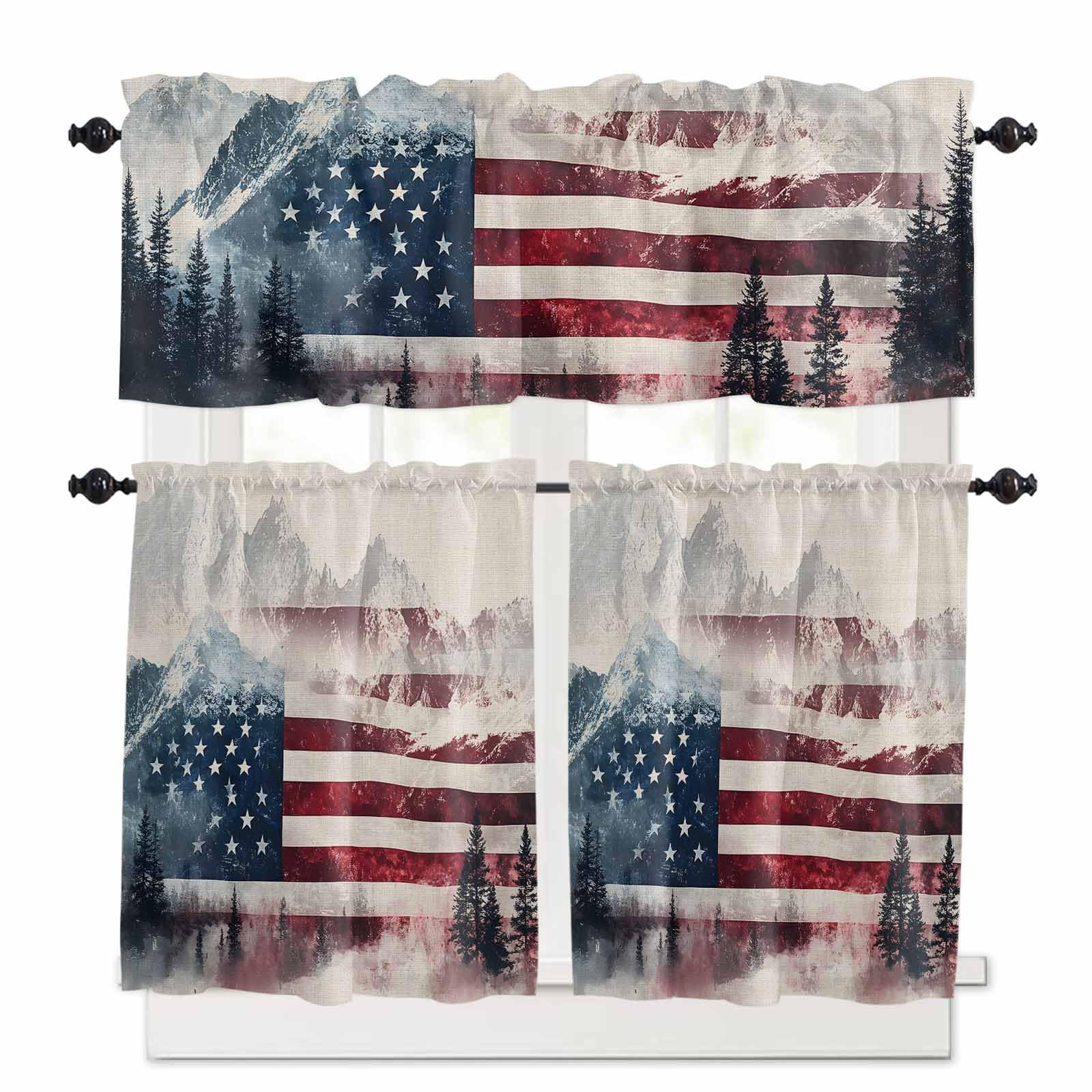 4th of July Kitchen Curtains 36 Inch Length, 3 Piece Rod Pocket Small Half Tiers and Valance Set, Forest Independence Day USA Flag Small Large Window Treatment Decor for Bedroom/Bathroom Sink