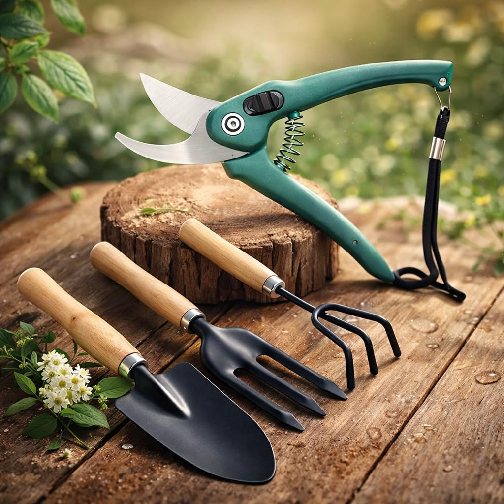 PLANETXERO 4-Piece Gardening Tools Kit for Home (Wooden Handle Cultivator,Fork, Trowel) Pruner Cutter –Stainless Steel Garden Set, Farming Tool & Essentials for Indoor Outdoor Agriculture Use (GTK)-image-32