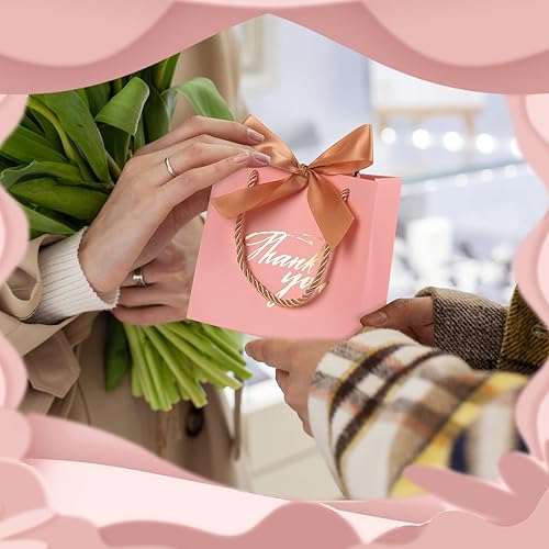 Miniatura 3 de Colarr 120 bolsas pequeñas de regalo de agradecimiento rosadas a granel, mini bolsas de regalo de fiesta con asas y lazo de cinta, bolsas de papel