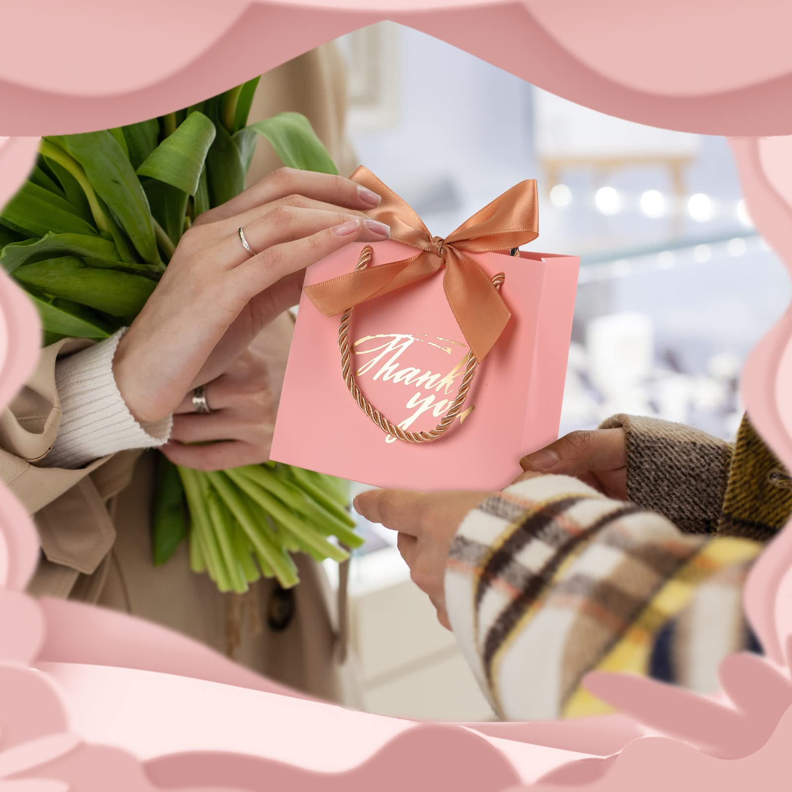 Colarr 60 Pcs Small Thank You Gift Bags Mini Party Favor Bags Small Candy Bags with Handles and Bow Ribbon for Wedding Birthday Baby Shower Business Party Supplies (Colorful Ribbon)