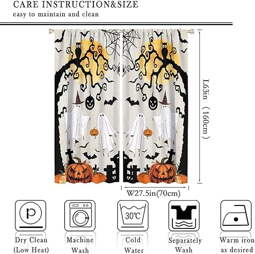 Miniatura 10 de Cortinas de Halloween de terror, caricatura, gato, calabaza, murciélago, castillo, patrón de Halloween, cortinas impresas para decoración del hogar,