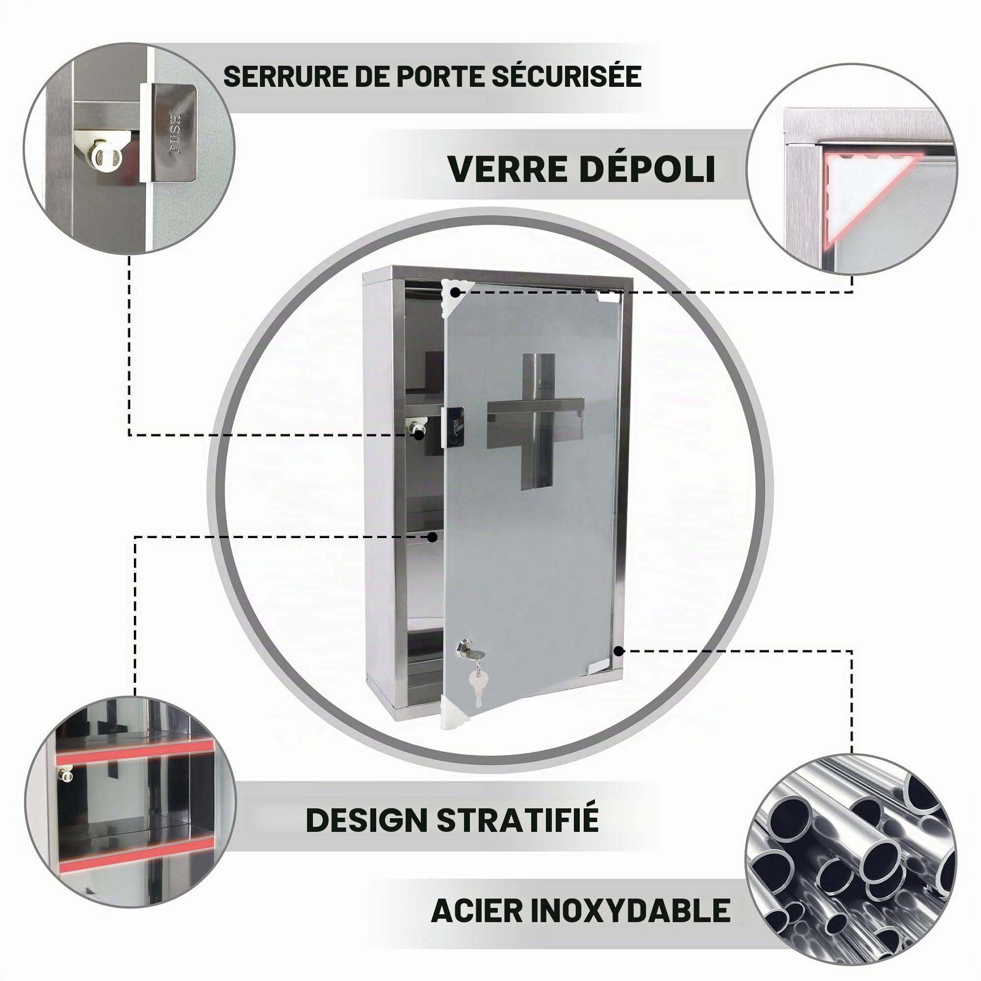 Armoire à pharmacie en acier inoxydable avec 3 compartiments, 30 x 12 x 50 cm