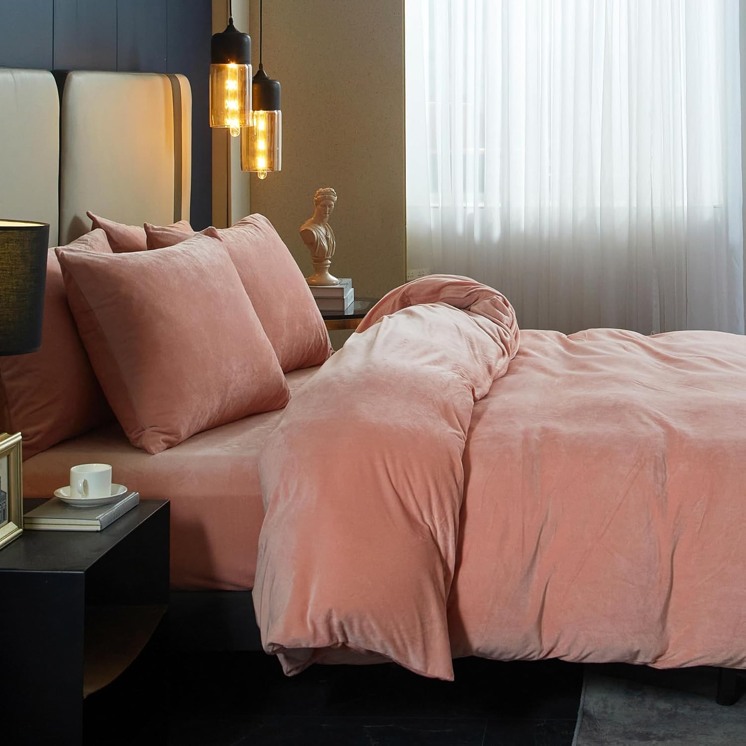 SE SOFTEXLY Velvet Pink Duvet Cover Queen Size, Soft Flannel Duvet Cover with Zipper Solid Breathable Silky Velour Comforter Cover, Cozy Winter Duvet Cover Set with 2 Pillowcases, 90" x 90" - Image 4