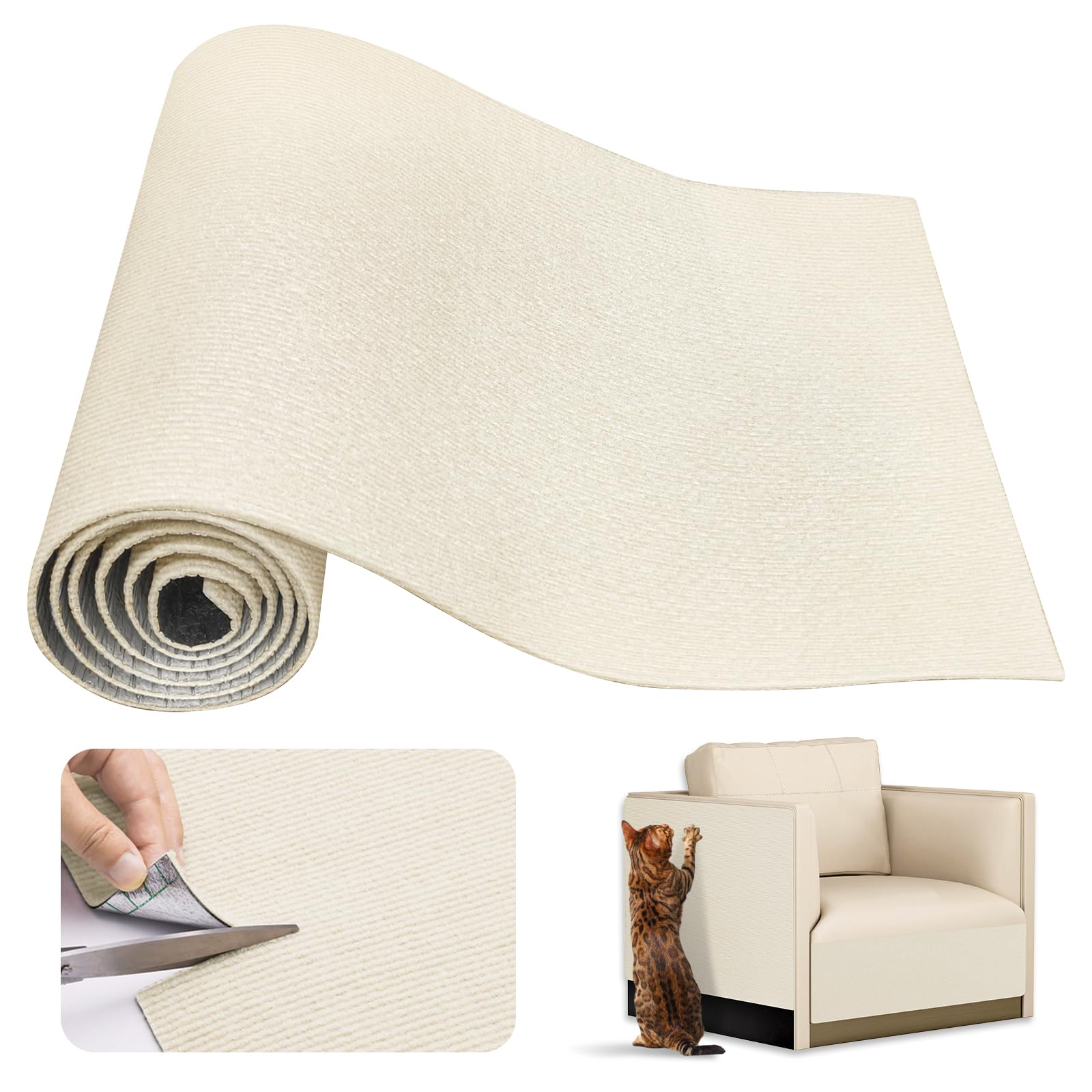 Alfombra Rascador para Gatos, 200x40cm Protector Sofa Gatos Arañazo, Autoadhesivo Tapete para Rascar Gatos, Protege Pared y Sofás Muebles (Beige)