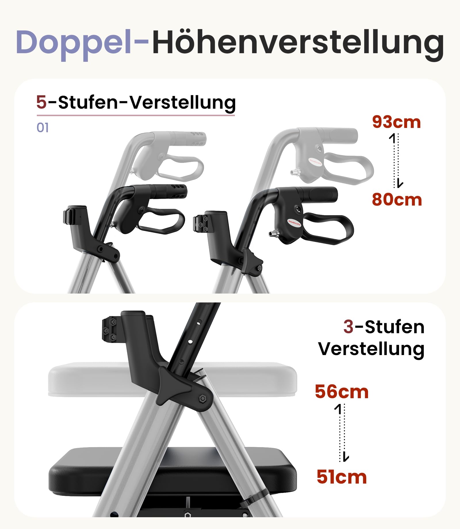 Rollator Faltbar und Leicht mit Sitz, Rollator Schmal für Wohnung, Rollatoren für Senioren mit höhenverstellbar Sitz und Griff, Gehwagen leicht klappbar mit Bremse, 8" All-Terrain Räder, Sternensilber