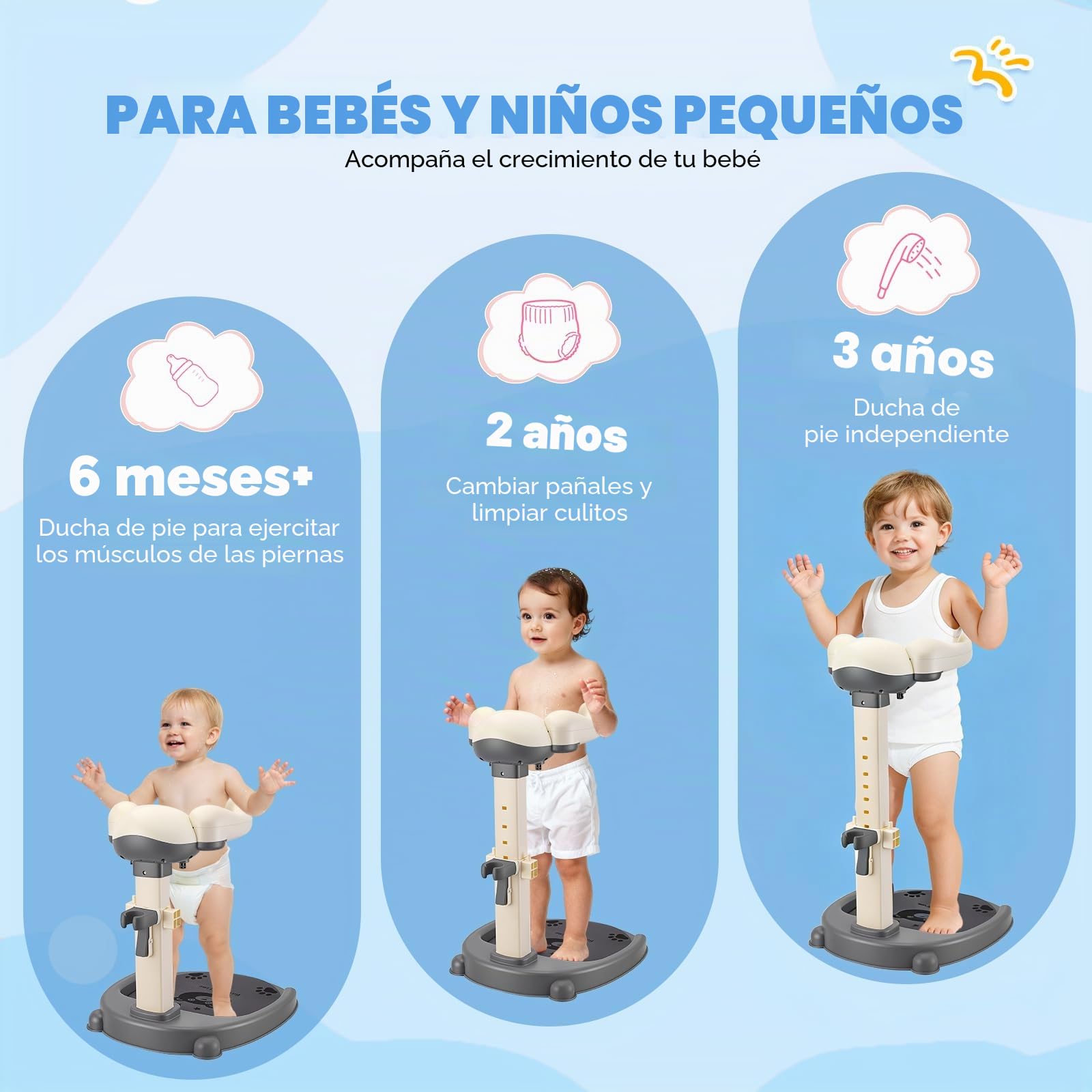 Soporte Ducha Bebé Regulable, Altura 40-57 cm Antideslizante | ABS sin BPA, 8 niveles de altura, reposabrazos regulables, soporte ducha, para bebés de 6-36 meses