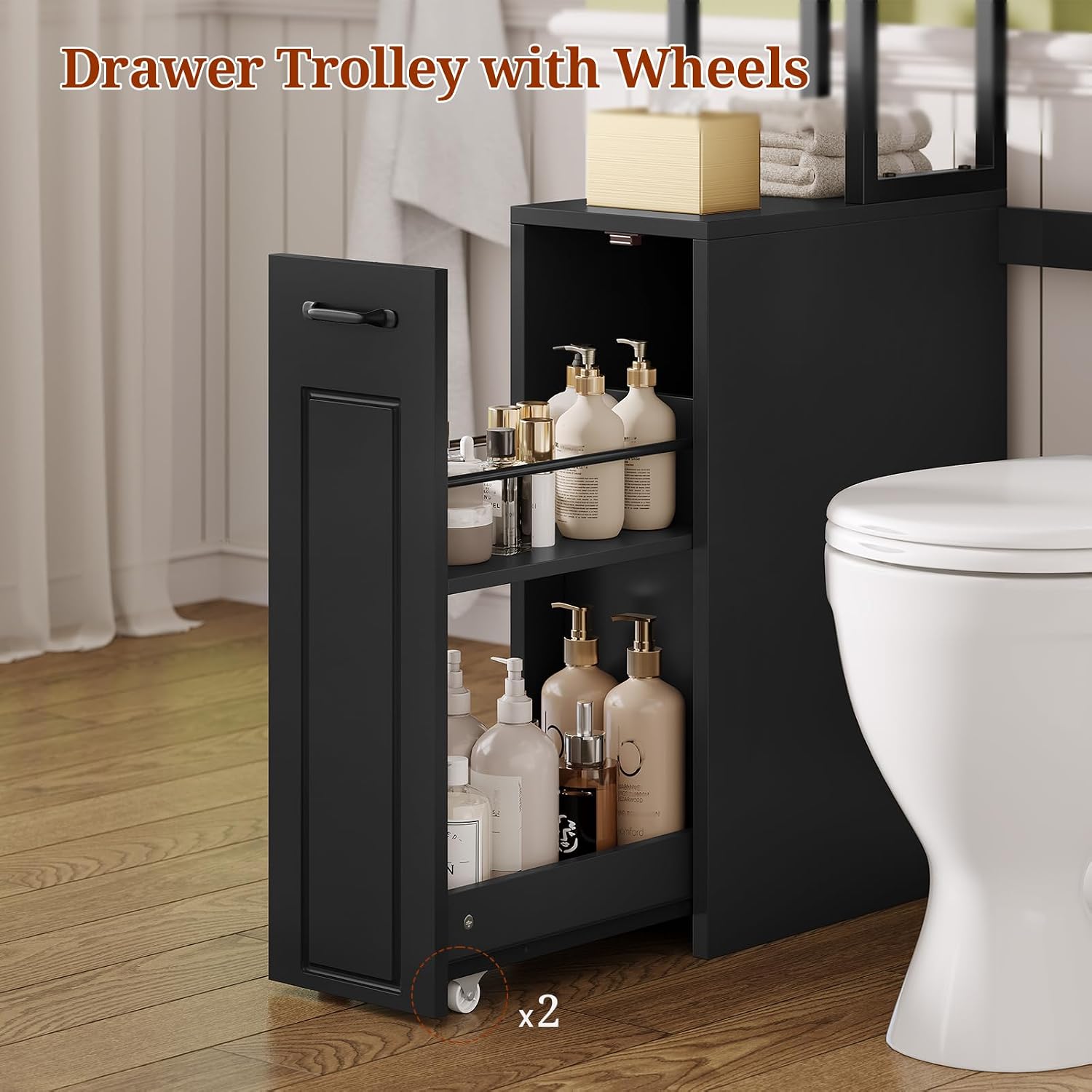 UPOSOJA Over The Toilet Storage Cabinet with Pulley, Bathroom Organizer W/6 Hooks for Restroom, Laundry, Plant Stand (Black)