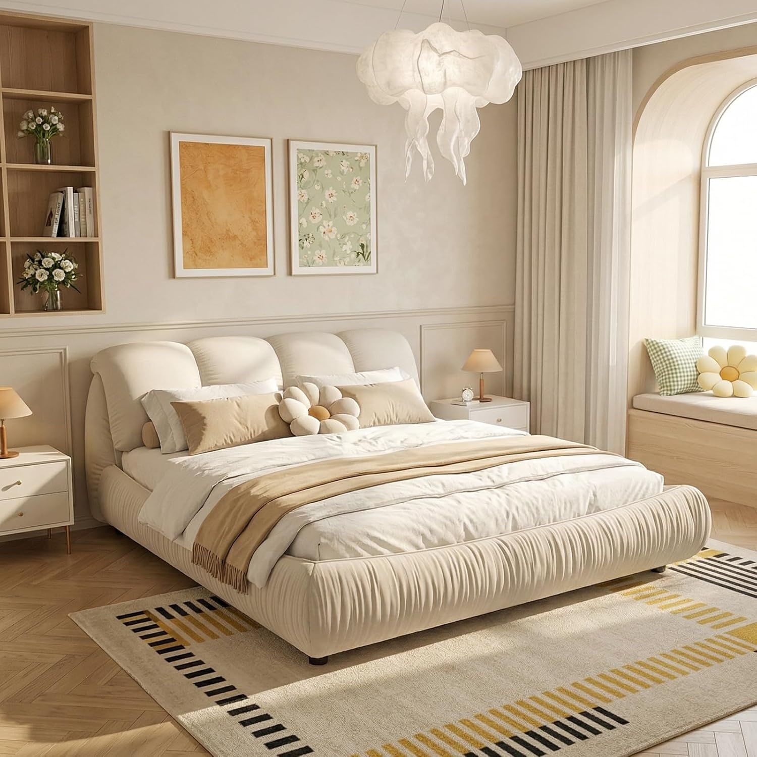 King Size Cloud Bed with Oversized Headboard, Luxury Marshmallow Bed Frame with Pine Wood Slats & Soft Padded Backrest, King Platform Bedframe for Bedroom, Easy Assembly, Beige