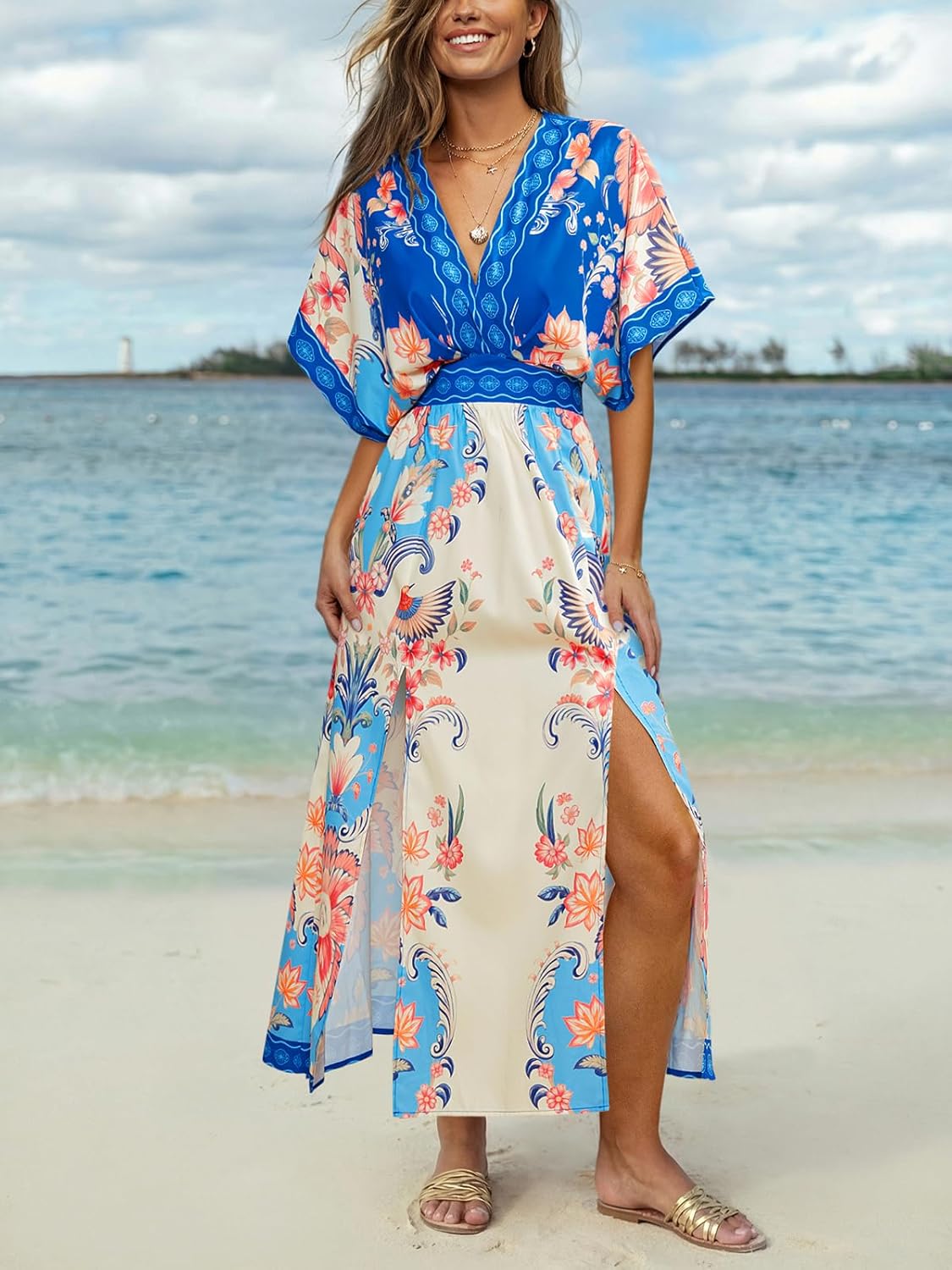 CUPSHE Women Boho Maxi Summer Dress Plunging V Half Dolman Sleeve Empired Waist Side Slit Sundress Holiday Beach Dresses
