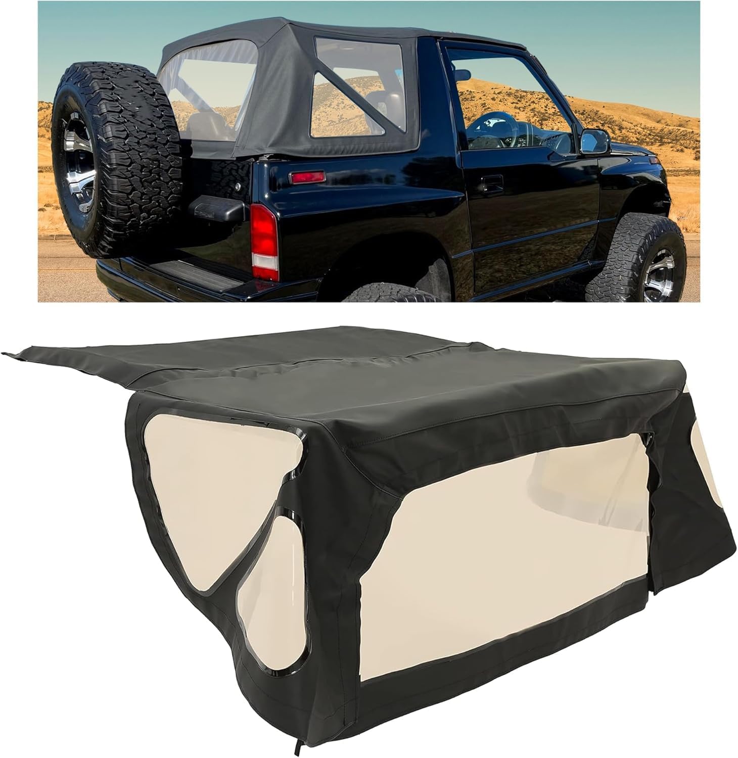 Soft Top Compatible with 1988-1994 Geo Tracker Suzuki Sidkick with Factory Hardware, Soft Top W/Tinted Windows, Sailcloth Vinyl Black Color Body