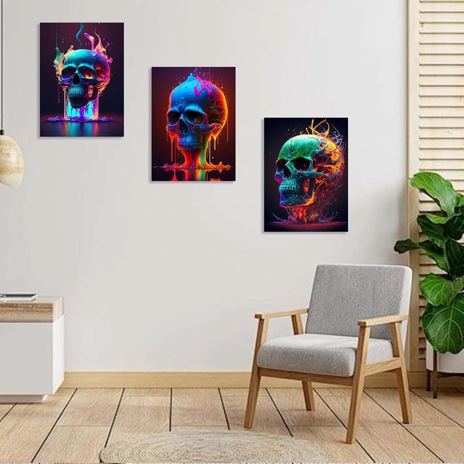 3 Piece Canvas Wall Art Set Framed Modern Abstract Colorful Skull Artwork for Living Room, Bedroom, Office, or Gaming Room Decor, Includes Hooks and Nails, 12x16 Inch