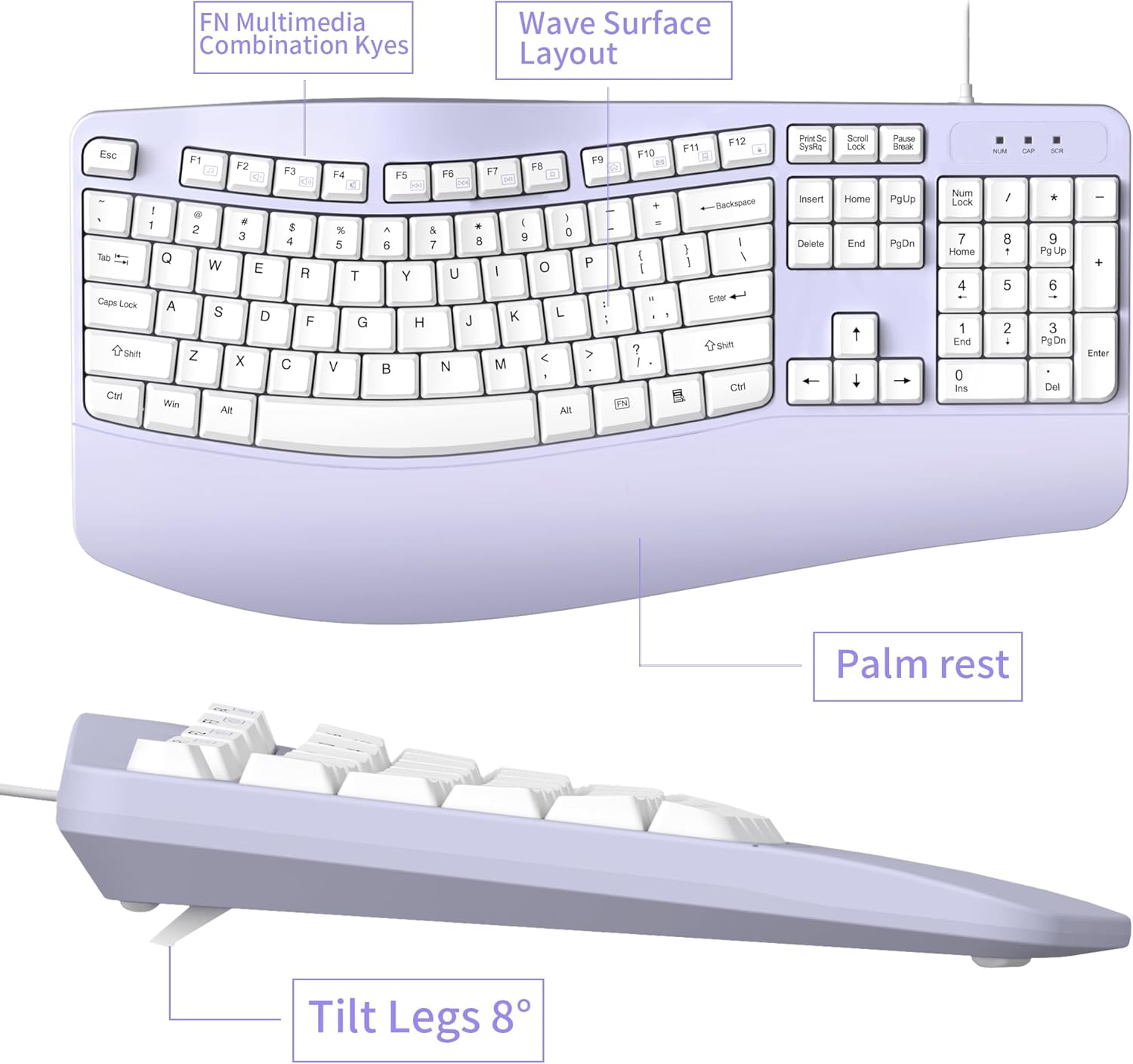 RECCAZR Ergonomic Keyboard Wired with Wrist Rest, Wave Keyboard for Natural Typing,Spill-Resistant Compatible with Windows/PC/Laptop (Purple)