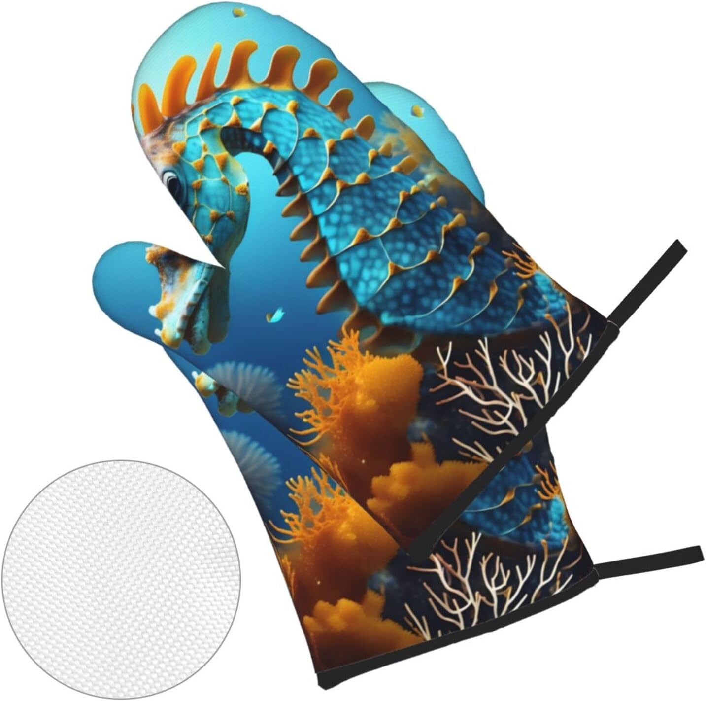 Blue Seahorse Oven gloves and heat-resistant mat 4-piece set. Suitable for grilling, microwave oven frying, and baking