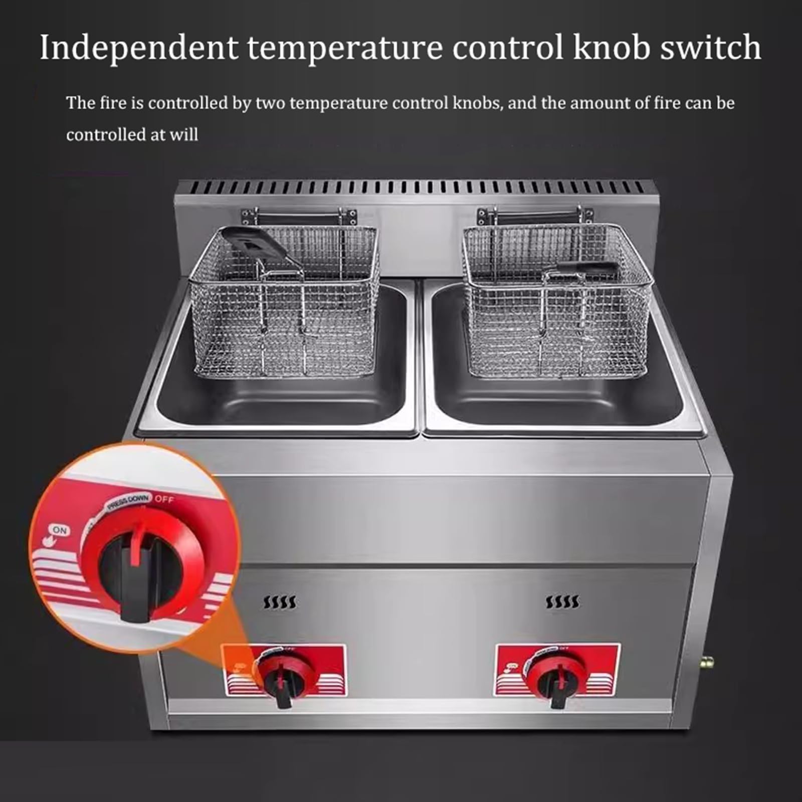 Friggitrice a Gas da 20 L, Friggitrici in Acciaio Inox con Frittura Cestello e Coperchi, Potenza di Fuoco Regolabile, Facile da Pulire, Friggitrice a Olios da Banco per Casa Commerciale (10L+10L)