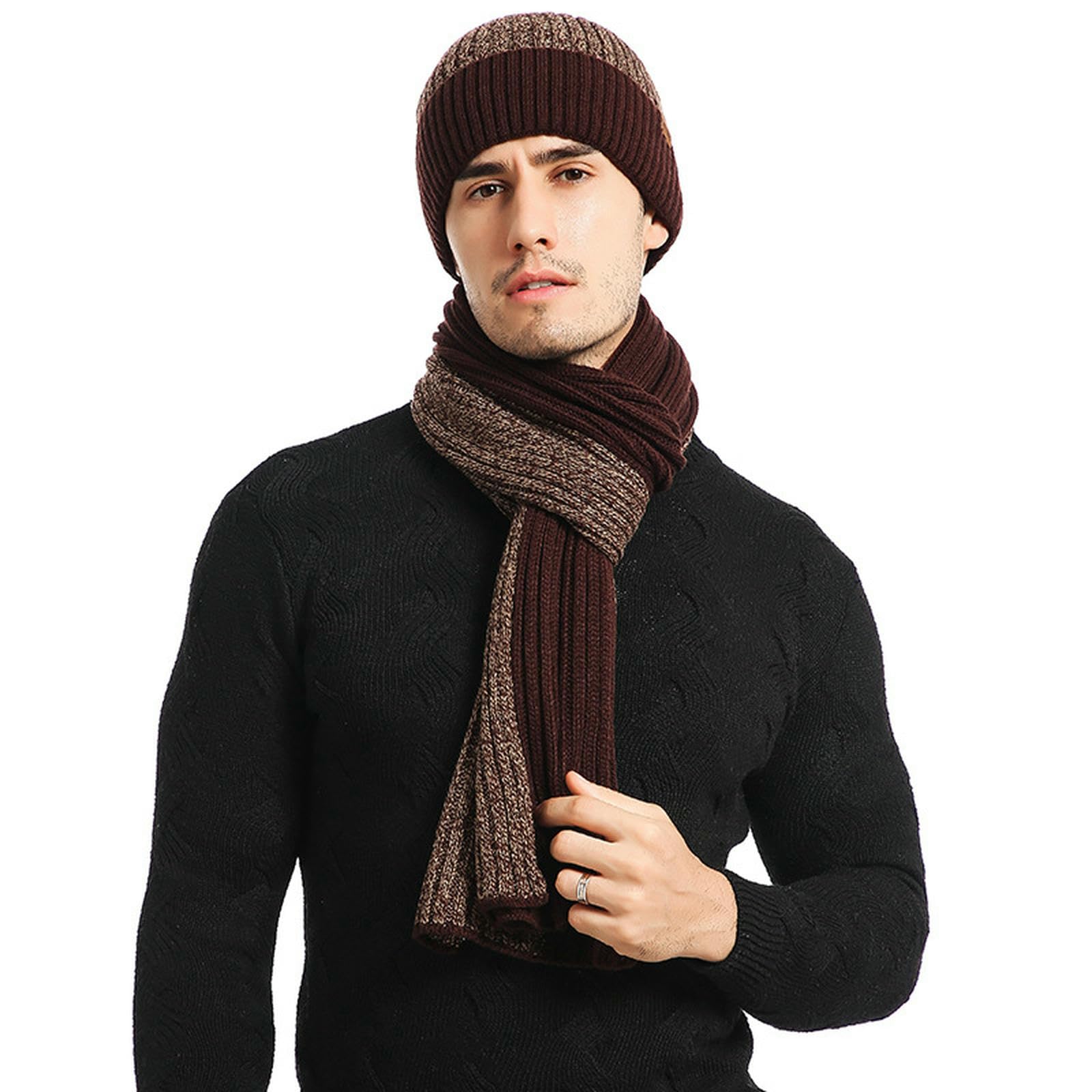 Wintermütze Schal Handschuhe Set Aus Modischer, Farbblockierter Strickmütze, Dickem Und Handschuhen Für Den Herbst Winter-schwarz
