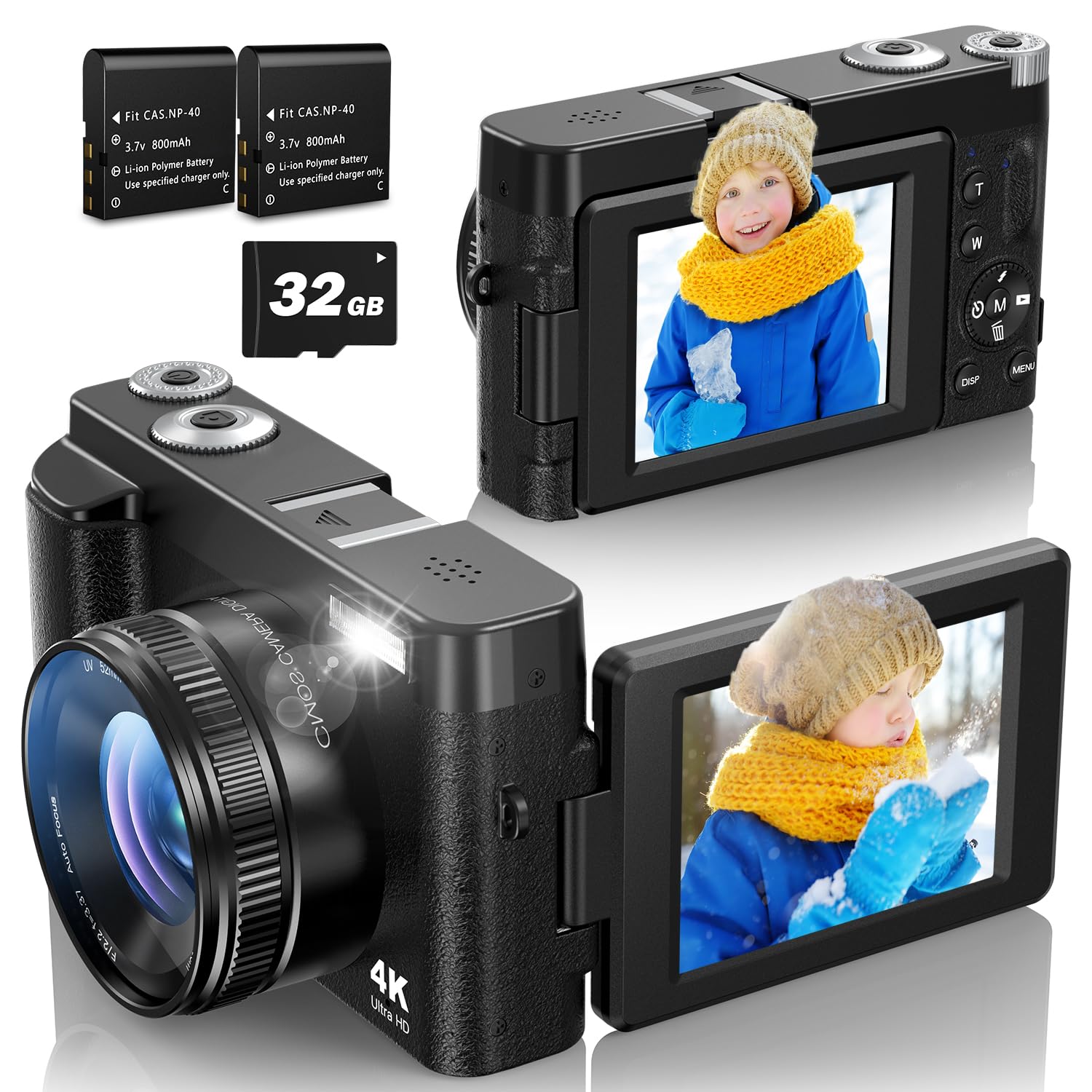 Cámara Digital 4K de 48 MP, Zoom Digital 16X, 180°, Enfoque automático, cámara fotográfica con Selfie, cámara compacta con Tarjeta de 32 GB, 2 Pilas para Principiantes