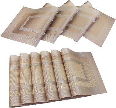 PIGCHCY Placemats with Matching Table Runner,Heat Resistant Vinyl Woven Washable Table mats Sets 6 Placemats+1 Table Runner,Champagne