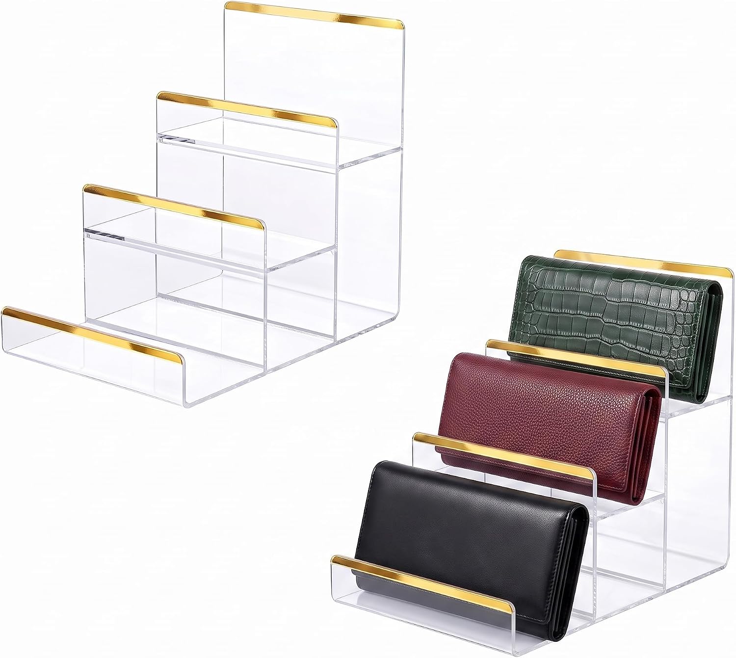 Acrylic Wallet Display Stand 2 Pack, 3-Tier Clear Purse Organizer & Riser