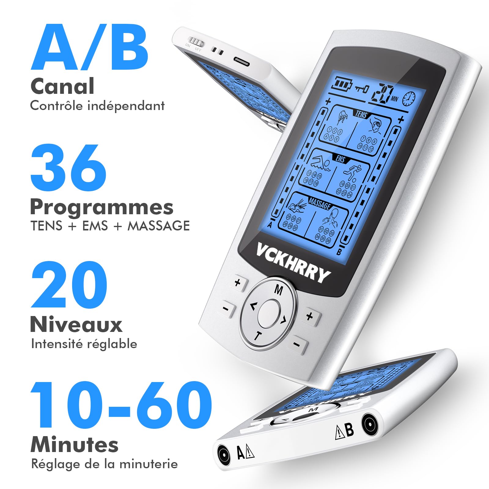 3 EN 1 TENS EMS Électrostimulateur Musculaire pour le soulagement de la douleur, la stimulation musculaire, avec 2 Canaux Indépendant, 36 Programmes de Massage, 10 électrodes