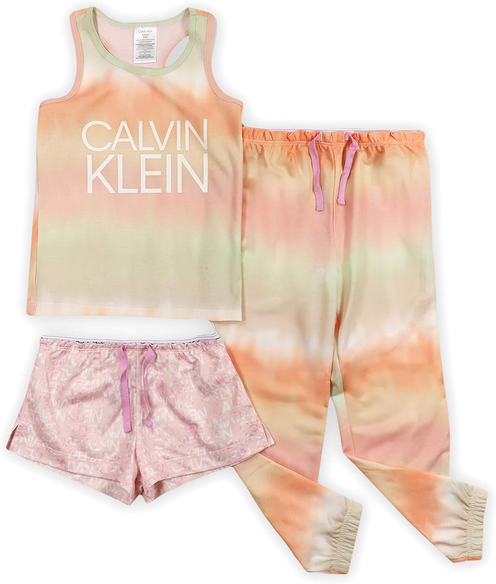 Calvin Klein Conjunto de pijama de 3 piezas con camiseta sin mangas, pantalones cortos y pantalón para niña