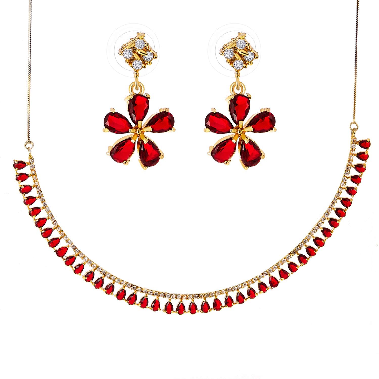 Jewar MandiIndian Necklace Set AD CZ Elegant Gold Plated Sparkling Crystals Choker with Earrings Jewelry for Women