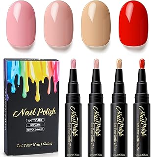 Nail Polish Pen Set 4 Colors | Red Naked Pink Soft Pink Apricot | Quick Dry Nail Art Pens | No UV Lamp Needed | Water Based Nail Art Paint | Easy Control Brush Tip for Women DIY Manicure | 5ML Each