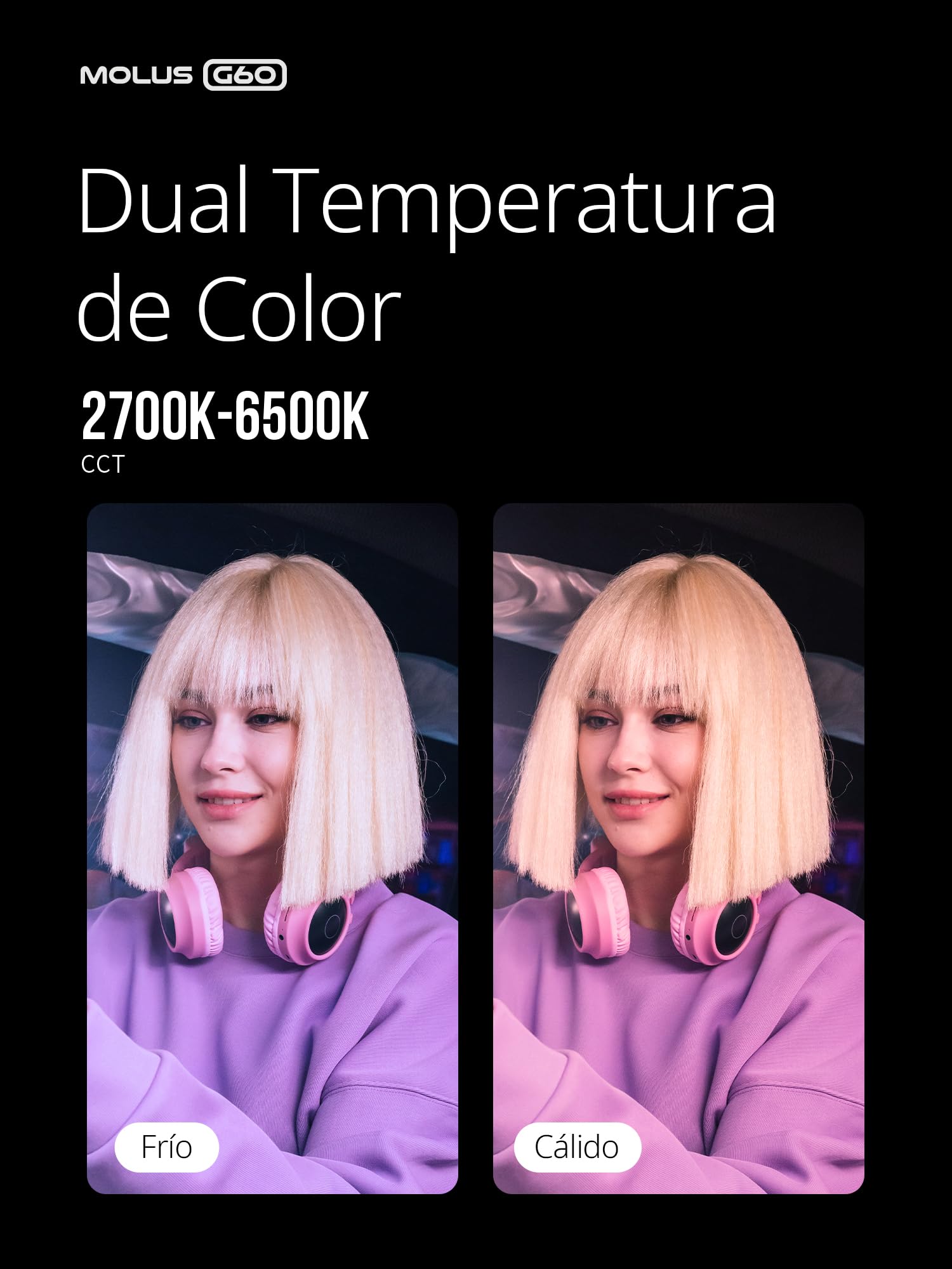 ZHIYUN MOLUS G60 [Oficial] 60W Luz Led Video 2700K-6500K, App Control, 300g | CRI 96+ TLCI 97+ Bluetooth App Control Remoto Mini Iluminacion Fotografia con Fuente de Alimentación DC/PD