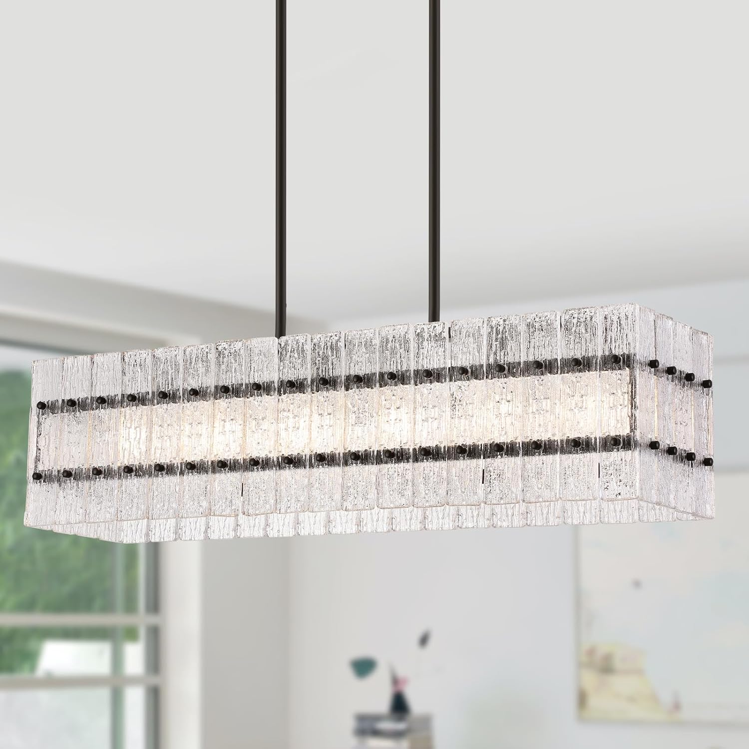 MEIXISUE Modern Black Crystal Chandelier for Dining Room,Contemporary Square Water Ripple Glass Chandelier 4 Lights for Kitchen Island Entryway UL Listed