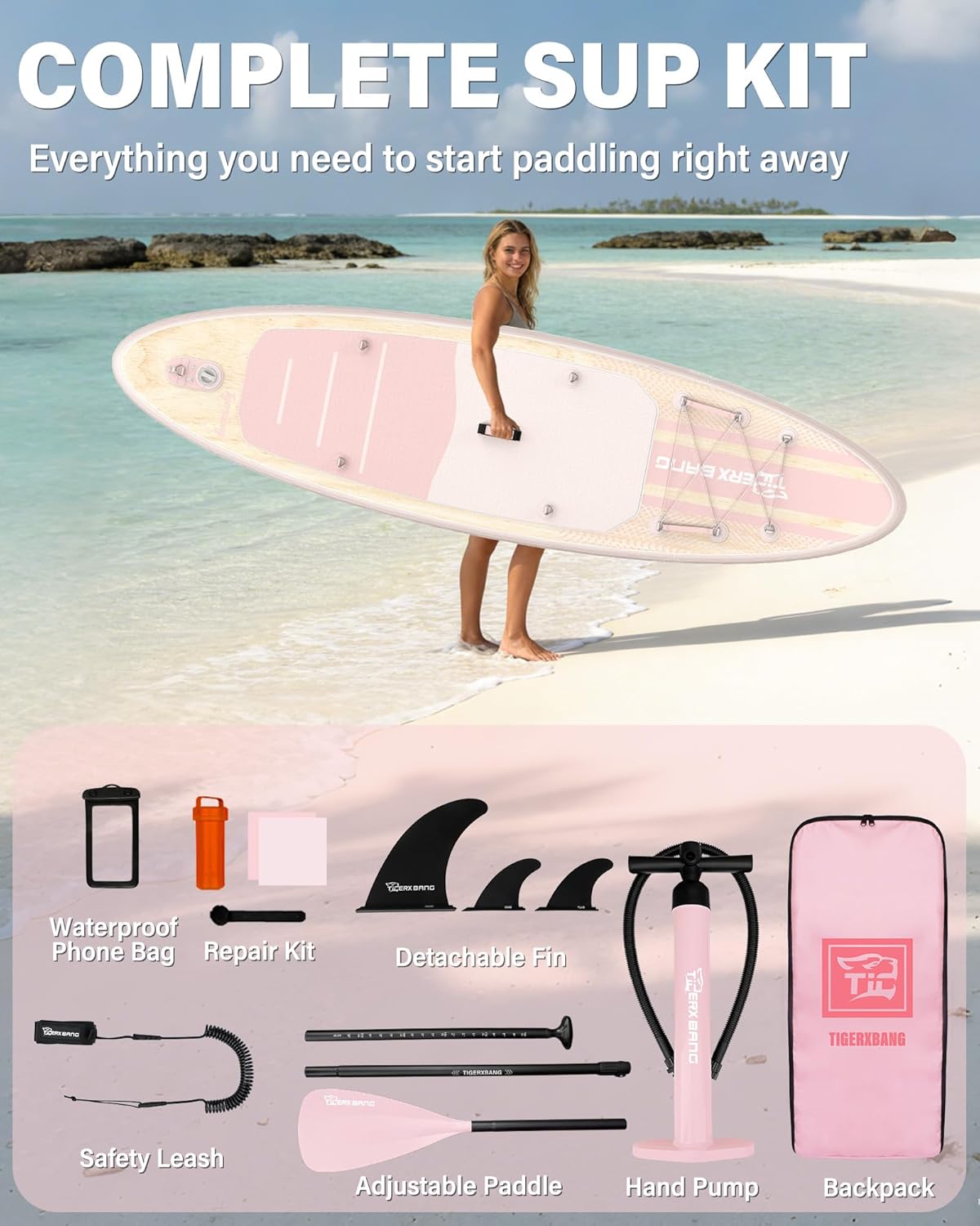 TIGERXBANG Inflatable Stand Up Paddle Board with SUP Board Accessories, Anti-Slip EVA Deck, 11'/10'6'' Paddleboard for Adults & Youth - All Skill Levels