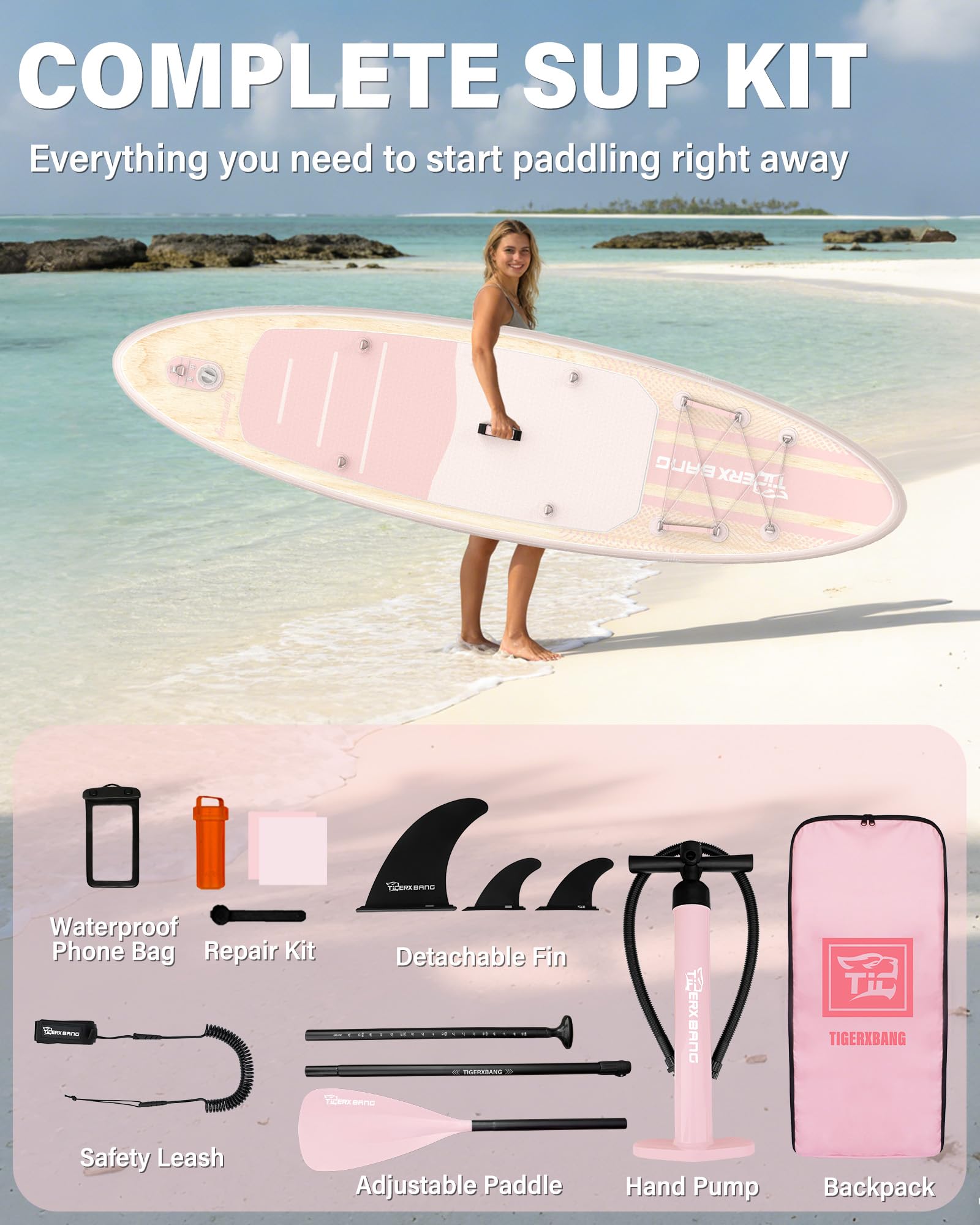 TIGERXBANG Tavola gonfiabile per stand up paddle con accessori per tavola da SUP, tavola antiscivolo in EVA, 27,9 cm/2,4 m, per adulti e ragazzi, tutti i livelli di abilità, rosa